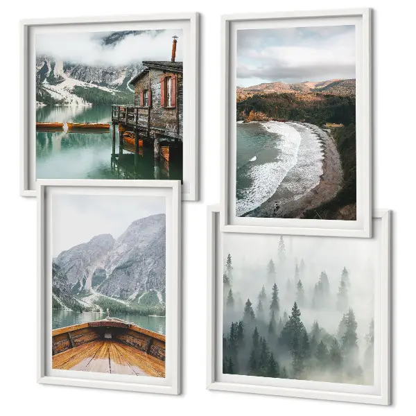 Ensemble de 4 tableaux représentant des montagnes, un lac, un bateau, du brouillard et une plage