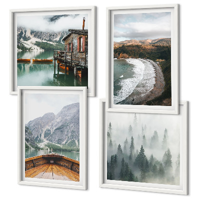 Ensemble de 4 tableaux Montagnes, lac, bateau, brouillard, plage