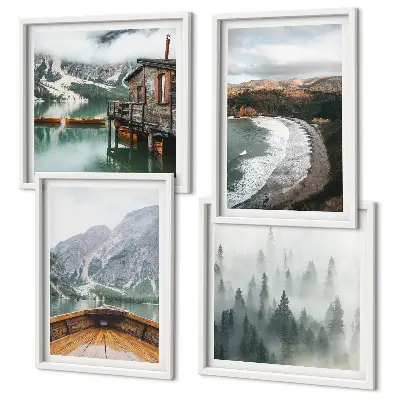 Ensemble de 4 tableaux représentant des montagnes, un lac, un bateau, du brouillard et une plage