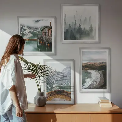 Ensemble de 4 tableaux représentant des montagnes, un lac, un bateau, du brouillard et une plage