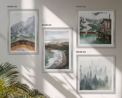 Ensemble de 4 tableaux Montagnes, lac, bateau, brouillard, plage