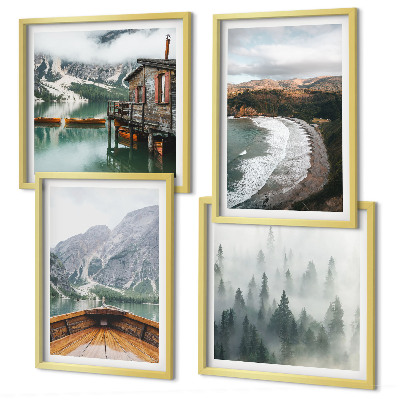 Ensemble de 4 tableaux Montagnes, lac, bateau, brouillard, plage