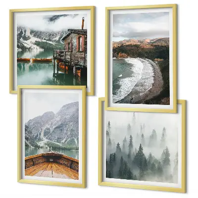 Ensemble de 4 tableaux représentant des montagnes, un lac, un bateau, du brouillard et une plage