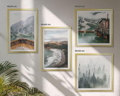Ensemble de 4 tableaux Montagnes, lac, bateau, brouillard, plage