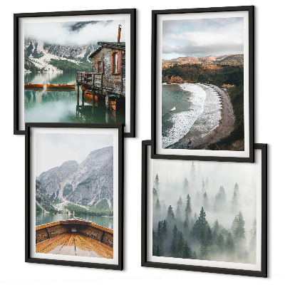 Ensemble de 4 tableaux Montagnes, lac, bateau, brouillard, plage