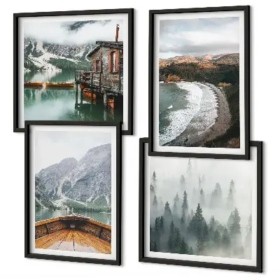 Ensemble de 4 tableaux représentant des montagnes, un lac, un bateau, du brouillard et une plage