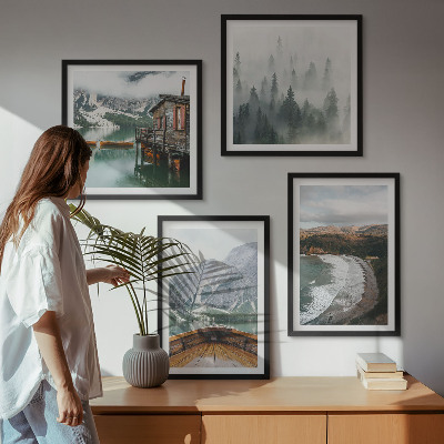 Ensemble de 4 tableaux Montagnes, lac, bateau, brouillard, plage