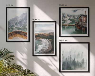 Ensemble de 4 tableaux Montagnes, lac, bateau, brouillard, plage