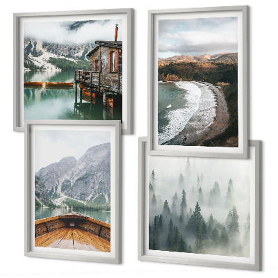 Ensemble de 4 tableaux Montagnes, lac, bateau, brouillard, plage
