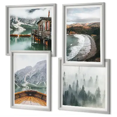Ensemble de 4 tableaux représentant des montagnes, un lac, un bateau, du brouillard et une plage