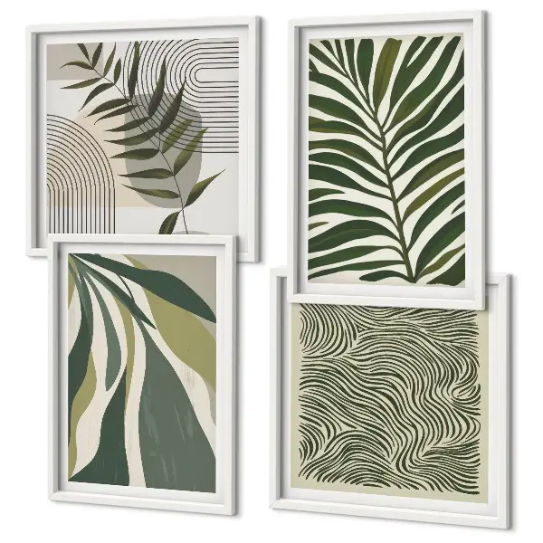 Polyptyque de 4 cadres illustrations de feuilles ondulées style pastel