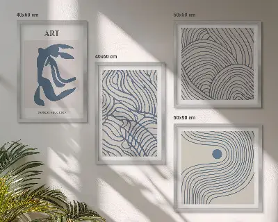 Lignes bleues abstraites polyptyque de 2 cadres