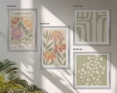 Mur de tableaux motifs botaniques au style minimaliste parisien