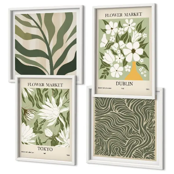 Mur de tableaux avec motifs végétaux et décorations bohèmes