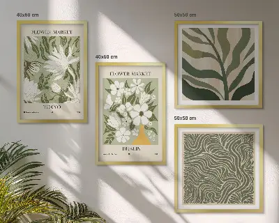 Mur de tableaux avec motifs végétaux et décorations bohèmes