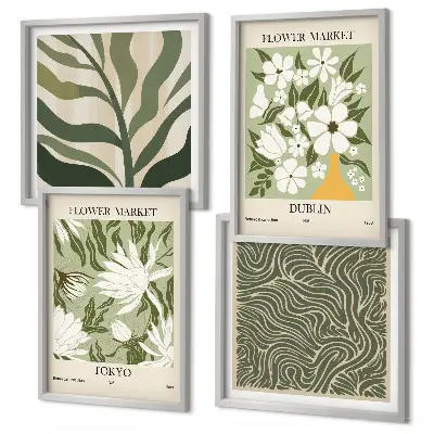 Mur de tableaux avec motifs végétaux et décorations bohèmes