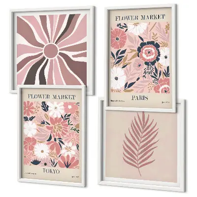 Ensemble de 4 tableaux avec motifs floraux, feuilles et géométriques