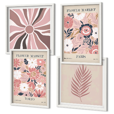 Ensemble de 4 tableaux Motifs floraux, feuilles, géométrie
