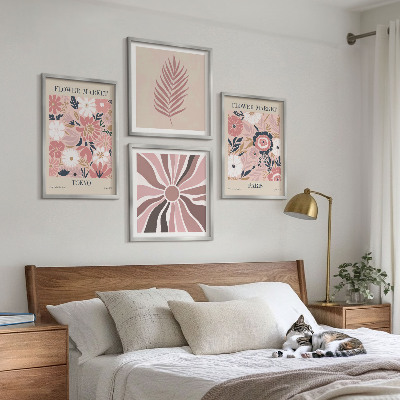 Ensemble de 4 tableaux Motifs floraux, feuilles, géométrie