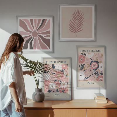 Ensemble de 4 tableaux Motifs floraux, feuilles, géométrie