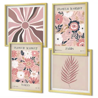 Ensemble de 4 tableaux avec motifs floraux, feuilles et géométriques