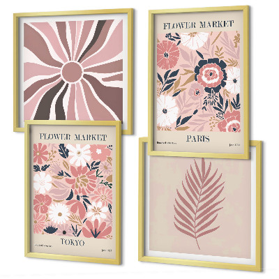 Ensemble de 4 tableaux Motifs floraux, feuilles, géométrie