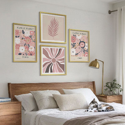 Ensemble de 4 tableaux Motifs floraux, feuilles, géométrie