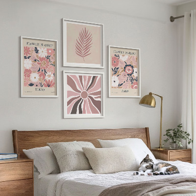 Ensemble de 4 tableaux Motifs floraux, feuilles, géométrie