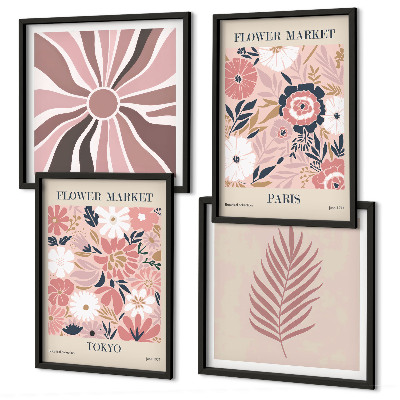 Ensemble de 4 tableaux Motifs floraux, feuilles, géométrie