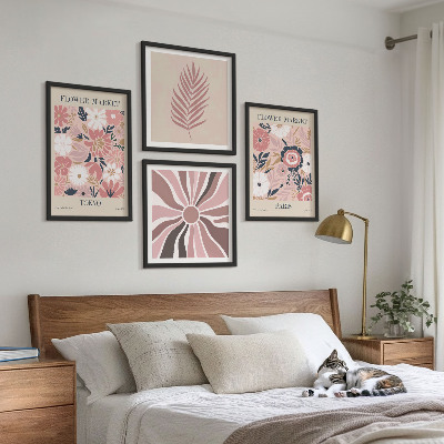 Ensemble de 4 tableaux Motifs floraux, feuilles, géométrie