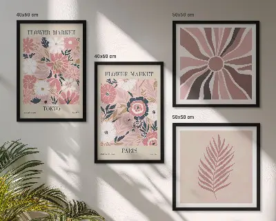 Ensemble de 4 tableaux avec motifs floraux, feuilles et géométriques