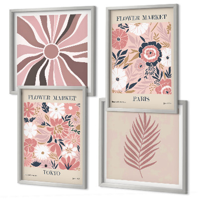 Ensemble de 4 tableaux Motifs floraux, feuilles, géométrie
