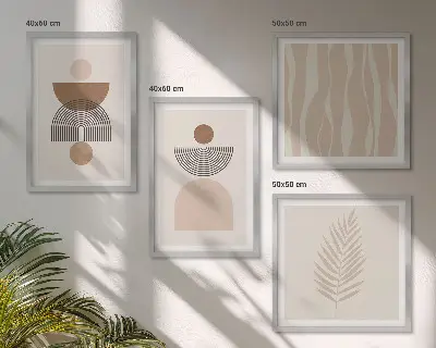 Mur de tableaux formes abstraites marron et beige