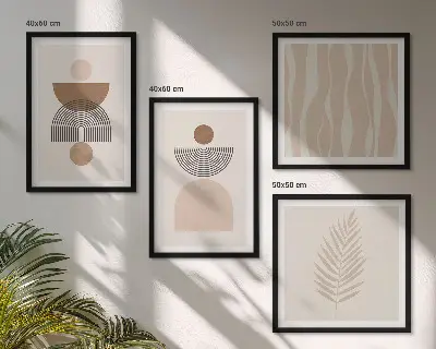 Mur de tableaux formes abstraites marron et beige