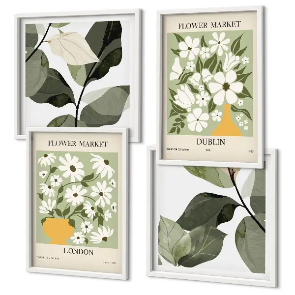 Ensemble de 4 tableaux motifs floraux sur le thème de Londres et Dublin