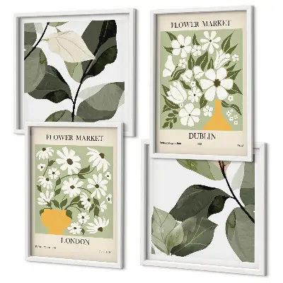 Ensemble de 4 tableaux motifs floraux sur le thème de Londres et Dublin