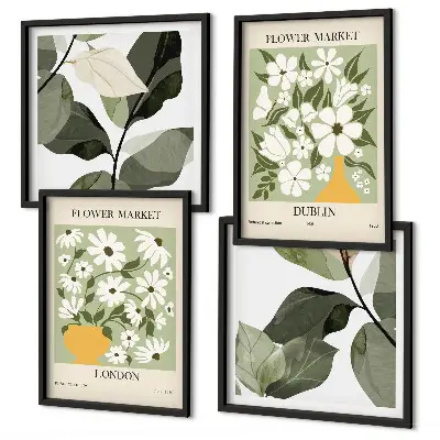 Ensemble de 4 tableaux motifs floraux sur le thème de Londres et Dublin