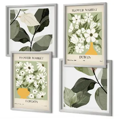 Ensemble de 4 tableaux motifs floraux sur le thème de Londres et Dublin