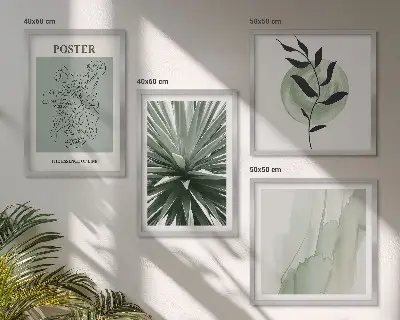 Tableau polyptyque 3 cadres motifs végétaux vert et beige