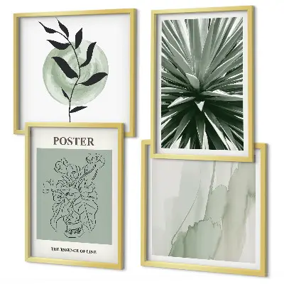 Tableau polyptyque 3 cadres motifs végétaux vert et beige