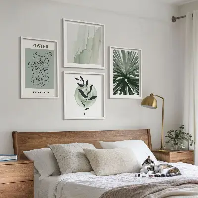 Tableau polyptyque 3 cadres motifs végétaux vert et beige