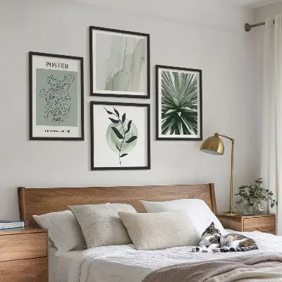 Tableau polyptyque 3 cadres motifs végétaux vert et beige