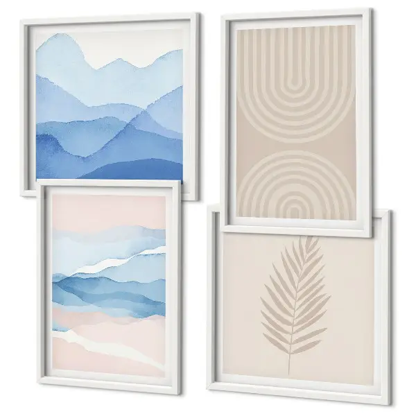 Ensemble de 4 tableaux feuilles ondulées beige et bleu