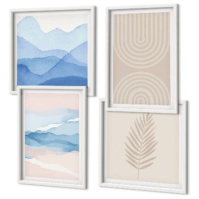 Ensemble de 4 tableaux Feuilles ondulées beige bleu