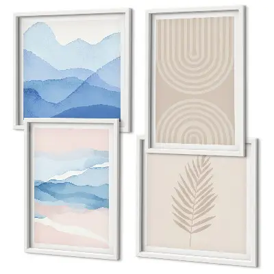 Ensemble de 4 tableaux feuilles ondulées beige et bleu