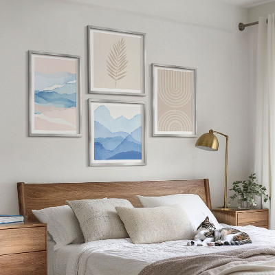 Ensemble de 4 tableaux Feuilles ondulées beige bleu