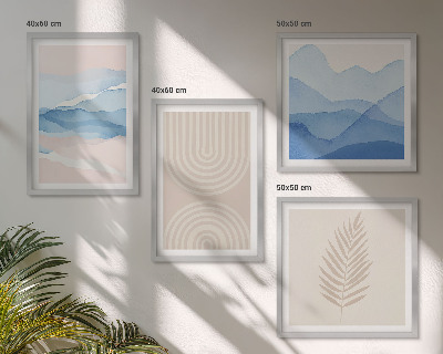 Ensemble de 4 tableaux Feuilles ondulées beige bleu