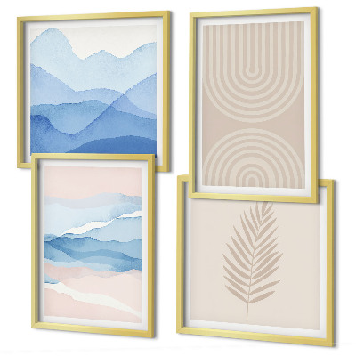 Ensemble de 4 tableaux Feuilles ondulées beige bleu