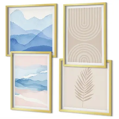 Ensemble de 4 tableaux feuilles ondulées beige et bleu