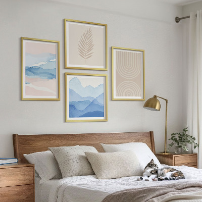 Ensemble de 4 tableaux Feuilles ondulées beige bleu